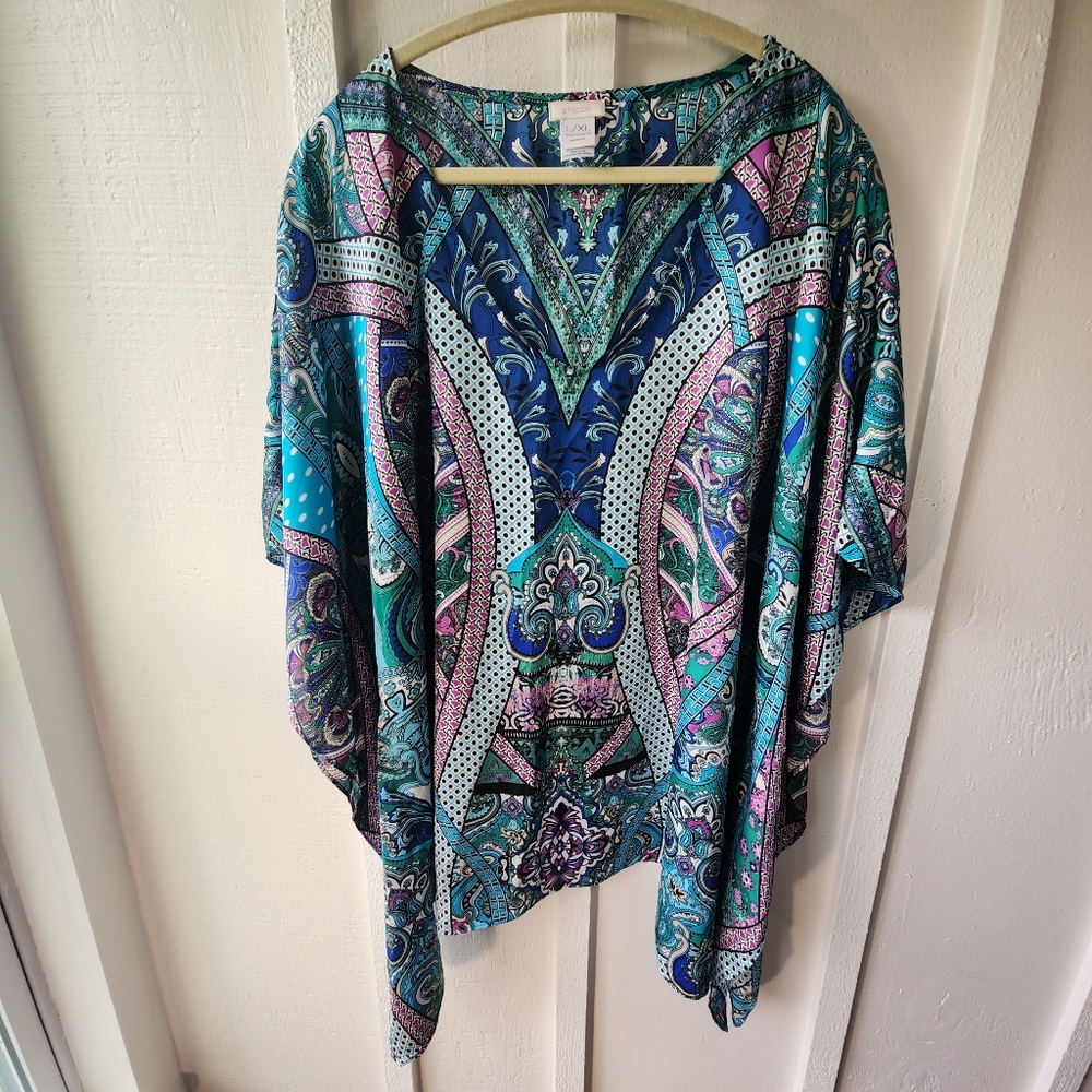 Chicos Scoop Neck Poncho Pullover Boho Paisley Kimono